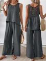 Two-piece dark grey casual set with sleeveless top and wide-leg pants featuring crochet back - Dark Gray