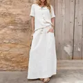 Relaxed fit cream cotton linen two-piece set with a button-down shirt and long skirt - S / Top And Bottom / White