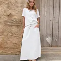 Χαλαρό σετ δύο τεμαχίων από κρεμ βαμβάκι και λινό με πουκάμισο και μακριά φούστα - S / Τοπ Και Παντελόνι / Λευκό