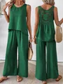 Detailed view of green sleeveless two-piece set featuring intricate back crochet detail. - Dark Green