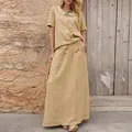 Bohemian khaki cotton linen two-piece set with button-down shirt and long maxi skirt - S / Top And Bottom / Khaki