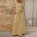 Μποέμ χακί βαμβακερό λινό σετ δύο τεμαχίων με πουκάμισο με κουμπιά και μακριά φούστα - S / Τοπ Και Παντελόνι / Χακί