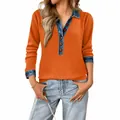 Vibrant orange ribbed knit long sleeve top featuring a stylish denim patchwork collar design - S / Tops / Orange