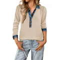 Chic beige ribbed knit long sleeve top featuring a blue denim collar and buttoned placket - S / Tops / Khaki