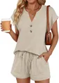 Ensemble deux pièces beige pour femme avec col en V, boutons et short à cordon - S / Haut Et Bas / Abricot