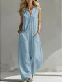 Tuta senza maniche in cotone e lino azzurro con scollo a V e tasche sul modello - Taglia S / Top E Pantaloni / Celeste