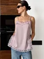 Elegant pink satin camisole with delicate lace trim for a chic summer look. - S / Tops / Pink