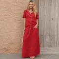 Casual red cotton linen two-piece outfit featuring a button-down top and matching maxi skirt - S / Top And Bottom / Red