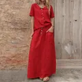Κομψό κόκκινο σετ δύο τεμαχίων από βαμβάκι και λινό με πουκάμισο και μακριά φούστα - S / Τοπ Και Παντελόνι / Κόκκινο