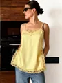 Elegant pale yellow satin camisole top with delicate lace trim detailing for women - S / Tops / Yellow