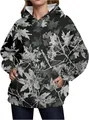 Oversized women's hoodie featuring a black and grey maple leaf print with a kangaroo pocket. - S / Tops / Black Leaf