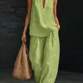 Detailed view of women's lime green sleeveless top and wide-leg linen pants set - Green