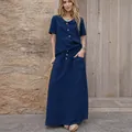 Casual navy blue cotton linen two-piece skirt set with short sleeves and buttons - Dark Blue