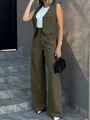Detailed view of a trendy olive green vest and wide-leg trousers casual fashion suit set - Army Green