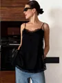 Elegant black satin camisole top featuring delicate lace trim and thin adjustable straps - S / Tops / Black
