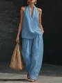 Stylish sleeveless halter top and wide-leg pants set in dusty blue for summer casual wear - S / Top And Bottom / Sky Blue