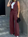 Detail view of wine red two-piece suit with vest and wide-leg pants for women - Dark Red