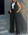 Schickes schwarzes zweiteiliges Anzug-Set mit Weste und weiter Hose für Damenmode - S / Oberteil Und Unterteil / Schwarz