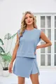 Detailed view of a woman wearing a light blue casual two-piece sleeveless set - S / Top And Bottom / Sky Blue
