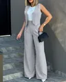 Elegant two-piece casual suit set featuring a sleeveless vest and wide-leg trousers for women - S / Top And Bottom (205) / Light Gray