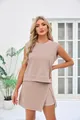 Detailed view of women's sleeveless rose pink two-piece set with stylish wrap skirt - S / Top And Bottom / Khaki