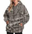 Detail view of women's oversized camouflage hoodie with realistic leaf and tree print - S / Tops / Grey-Brown Dead Leaf Tree Camouflage (Pattern 21)
