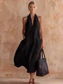 Elegante vestido midi de lino negro con cuello en V y bolsillos para un estilo vintage - XS / Top Y Pantalón / Negro