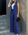 Elegant navy blue two-piece business vest and wide-leg trousers suit set for women - Blue