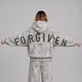 Detailed view of oversized grey marble hoodie featuring FORGIVEN and PSALM print on the back - XS / Tops / Gray