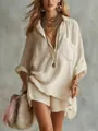 Set bohémien in cotone e lino beige con camicia oversize e pantaloncini da donna - Taglia S / Top E Pantaloni / Kaki