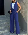 Schickes blaues ärmelloses Westen- und weite Hosen-Set für Damen, perfekt für das Büro - S / Oberteil Und Unterteil / Blau