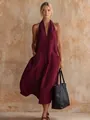 Detalle de vestido midi de lino granate con cuello en V y bolsillos de parche - XS / Top Y Pantalón / Burdeos