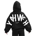 Detailed view of the back of a black oversized hoodie with white YHWH letter prints. - S / Tops / Black