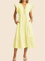 Elegant yellow and white striped V-neck summer dress featuring ruffled short sleeves - Yellow