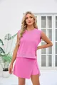 Detailed close-up of a pink sleeveless casual top and matching wrap skort set for summer. - S / Top And Bottom / Hot Pink