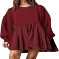 Close-up of a burgundy fake two-piece sweatshirt dress with a loose pleated skirt detail. - Burgundy