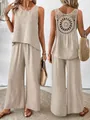 Beige two-piece linen set featuring sleeveless top and back crochet detail trousers - Light Khaki
