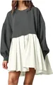 Detailed view of dark grey and white faux two-piece pleated sweatshirt dress - Gray and White