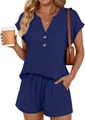Ensemble deux pièces bleu pour femme avec haut à col en V et short à cordons chic - S / Haut Et Bas / Bleu foncé