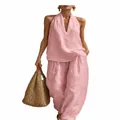 Western style pink sleeveless halter top and wide-leg pants two-piece summer set - Pink