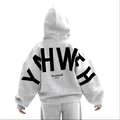 Détail arrière du sweat à capuche blanc oversize avec imprimé de lettres YHWEH noires - Gris