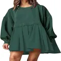 Close-up of a women's forest green oversized sweatshirt dress with a pleated hem. - Olive Green