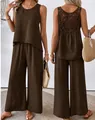 Two-piece brown lounge set featuring a sleeveless crochet back top and wide-leg trousers - Coffee