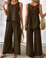 Two-piece brown lounge set featuring a sleeveless crochet back top and wide-leg trousers - Coffee