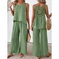 Elegant two-piece green linen set featuring a beautiful circular crochet back detail. - Light Green