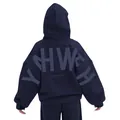 Back view detail of oversized navy blue hoodie with large grey YHWH letter print - S / Tops / Dark Blue