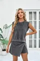 Fashionable mineral wash sleeveless top and wrap skirt set for women, detail view - S / Top And Bottom / Pure Black