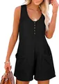Casual women's black waffle knit sleeveless romper with henley buttons and front pockets - S / Top And Bottom / Black