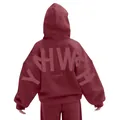 Back view of burgundy oversized hoodie with embossed YHWH and EUOIUS letter print - S / Tops / Burgundy