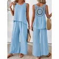 Light blue two-piece sleeveless set with hollow-out back and wide leg pants - Light Blue